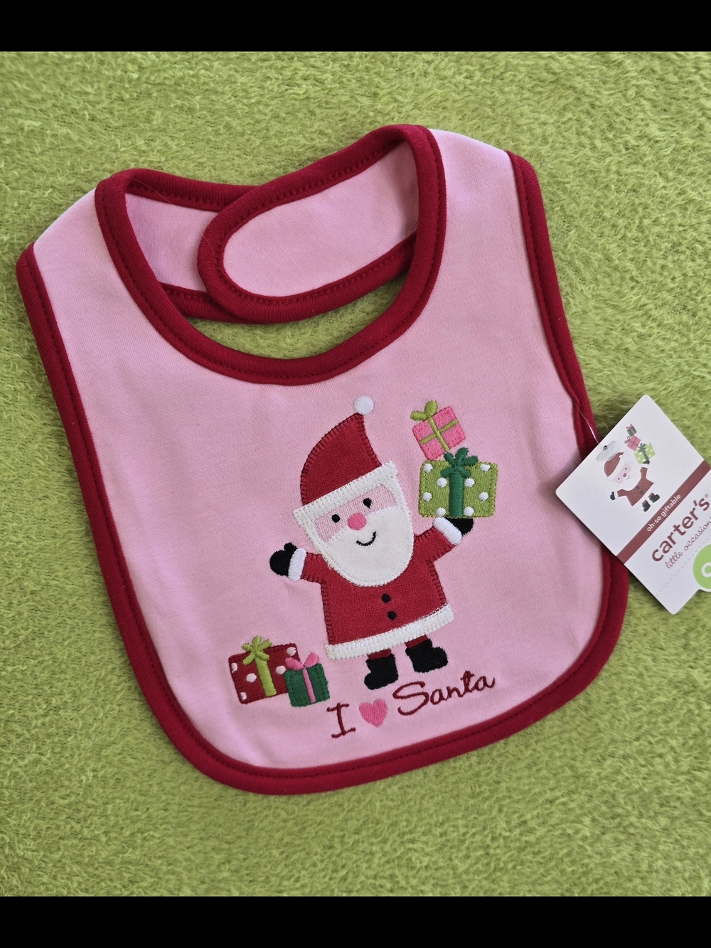 NWT  Baby GIRLS - I LOVE SANTA - BIB Carter's Pink & Red CHRISTMAS (Q6)
